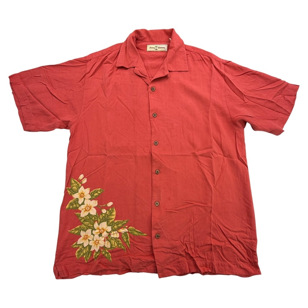 Tommy Bahama Shirt Mens S Red Short Sleeve Button Silk Floral Relaxed Hawaiian